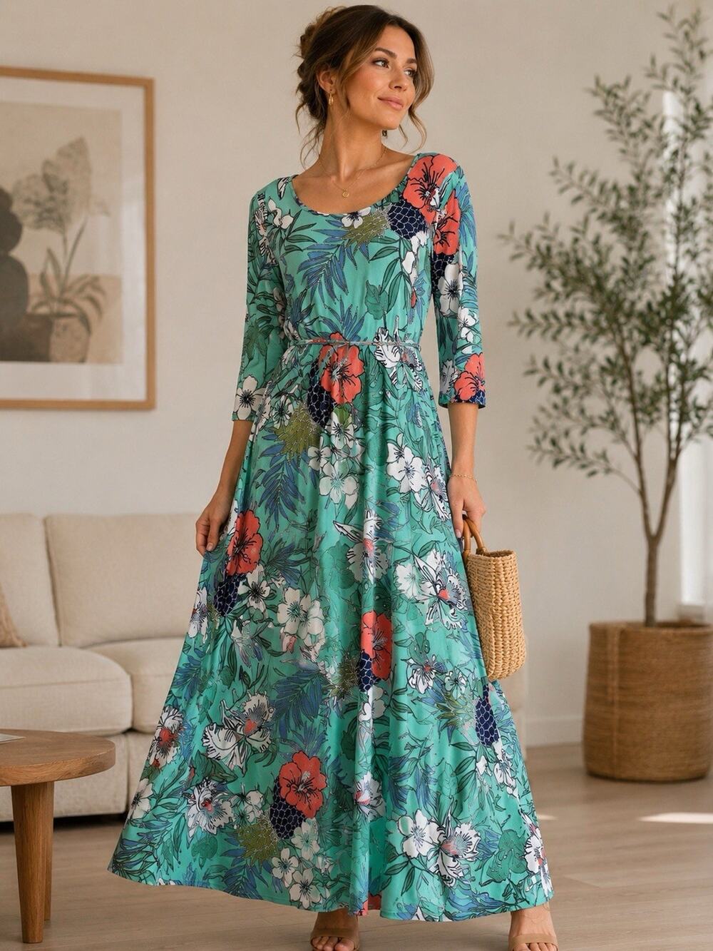 Petite Nina Leonard Green Floral Maxi Dress with Coral & White Accents